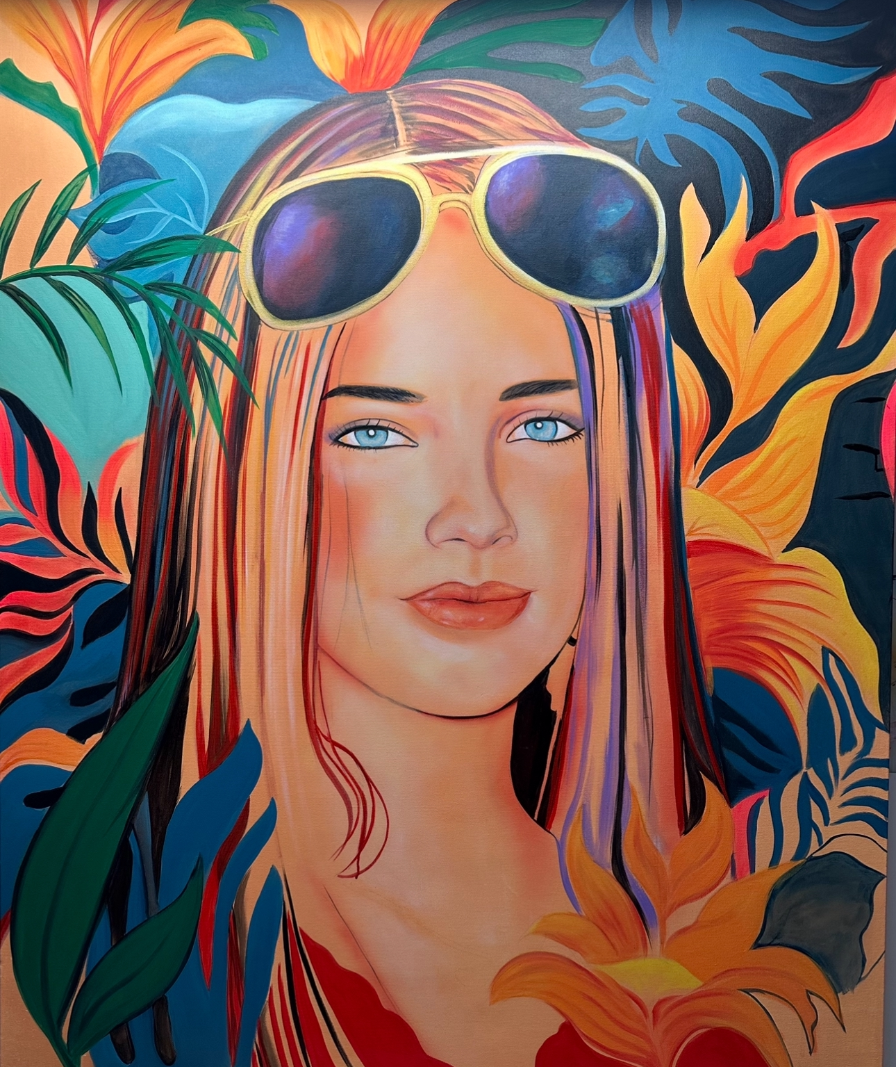 Original acrylic painting by Alexander Franco. A vibrant painting of a woman with sunglasses and a lively floral background. Adriana Lima.