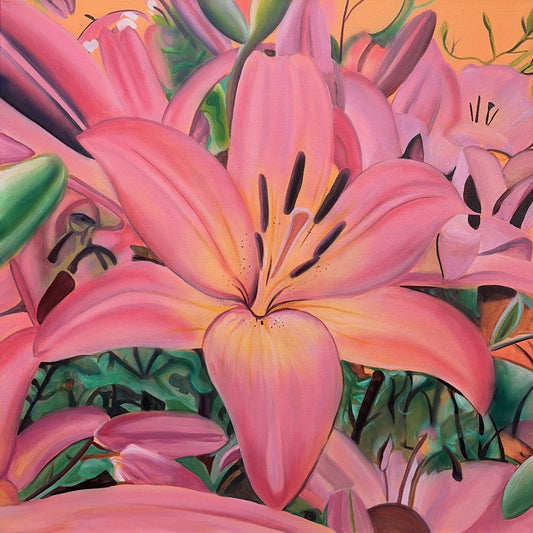 Original acrylic painting by Alexander Franco. A vibrant acrylic painting on canvas featuring a close-up view of pink lilies.