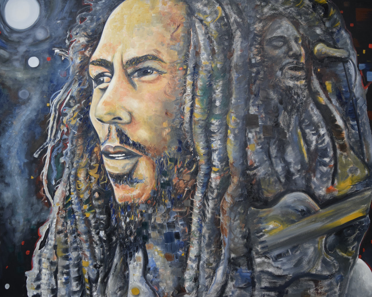 Original acrylic painting by Alexander Franco. An oil on canvas painting featuring a colorful portrait of Bob Marley, with abstract and geometric elements in the background.