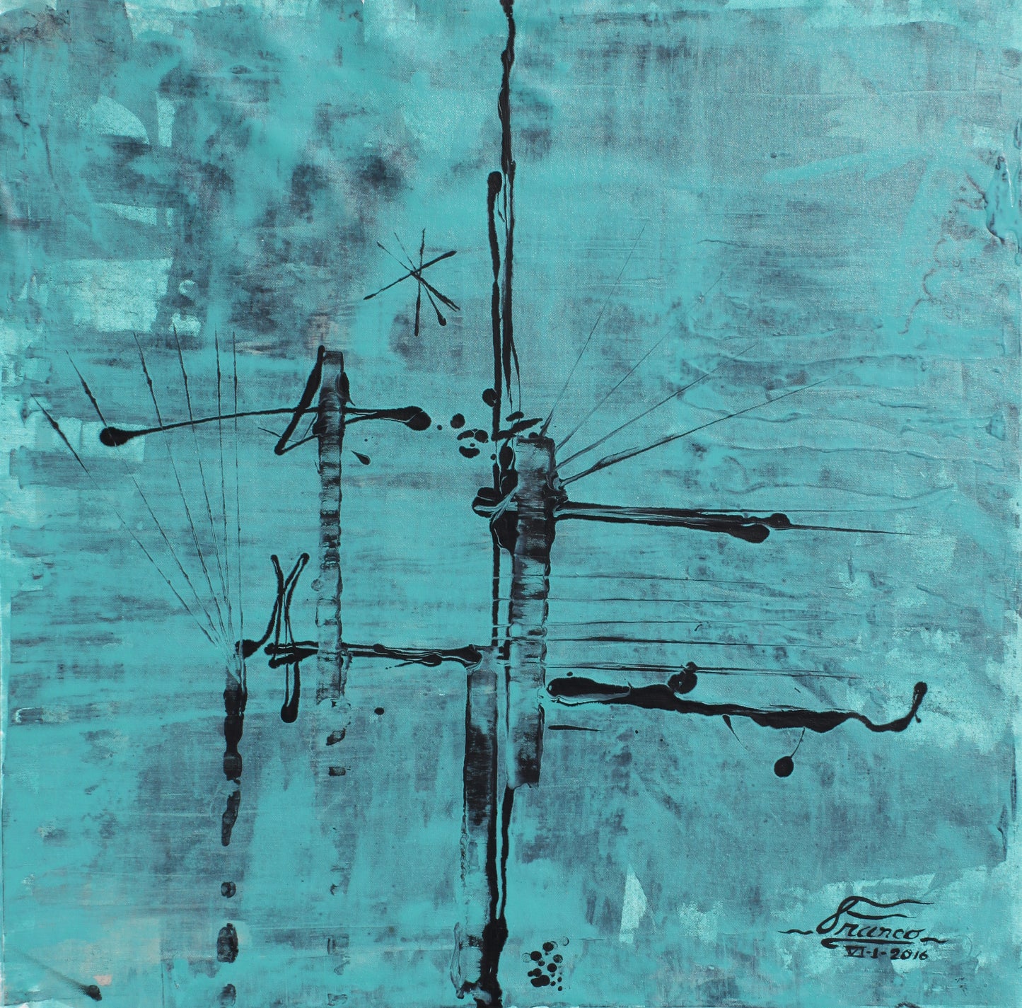 Original acrylic painting by Alexander Franco. Abstract acrylic painting on canvas with predominantly blue and black colors