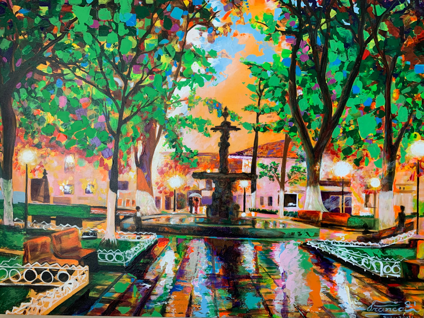 Original acrylic painting by Alexander Franco. A vibrant acrylic painting on canvas depicting a park with trees, a fountain, and a reflecting pool, with a colorful sky in the background. Salamina Caldas Colombia.