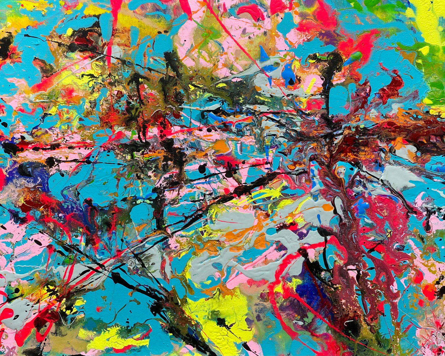 Original acrylic painting by Alexander Franco. Abstract acrylic painting featuring vibrant colors with dynamic brush strokes on a canvas.