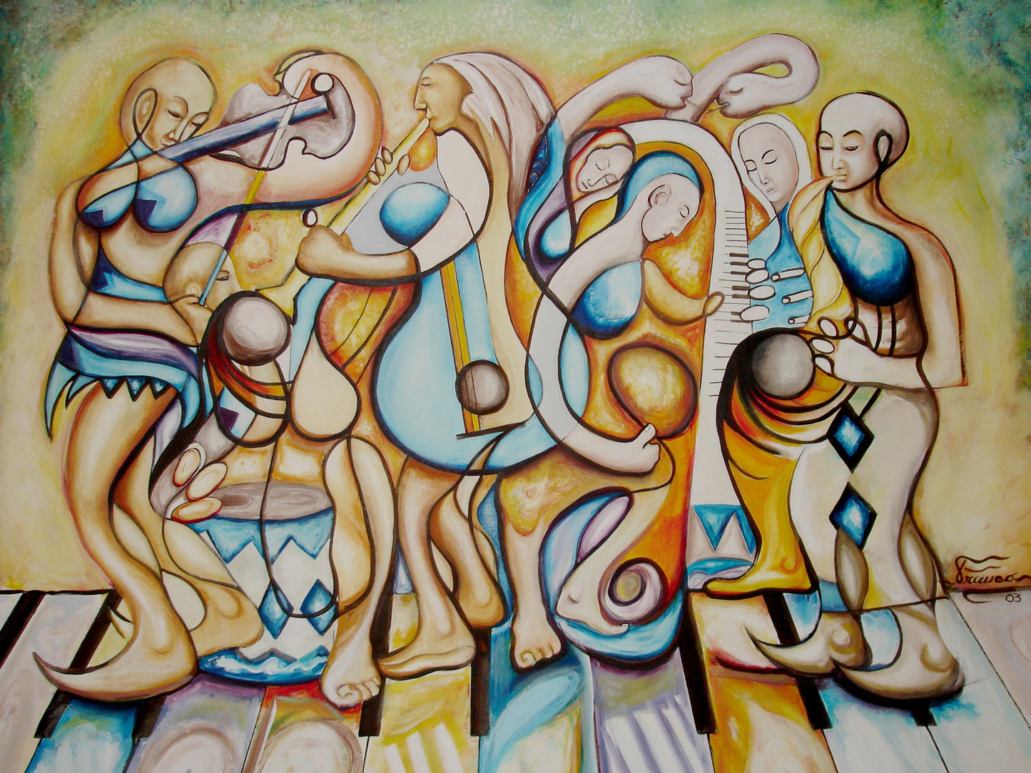 Original acrylic painting by Alexander Franco. A vibrant acrylic painting on canvas depicting abstract figurative characters engaging in musical activities.
