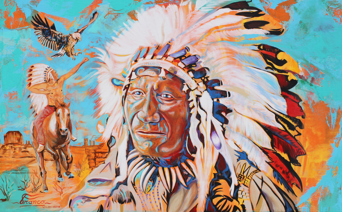 Original acrylic painting by Alexander Franco. Acrylic painting on canvas featuring a Native American figure with a feathered headdress, accompanied by an eagle and a horse in the background.