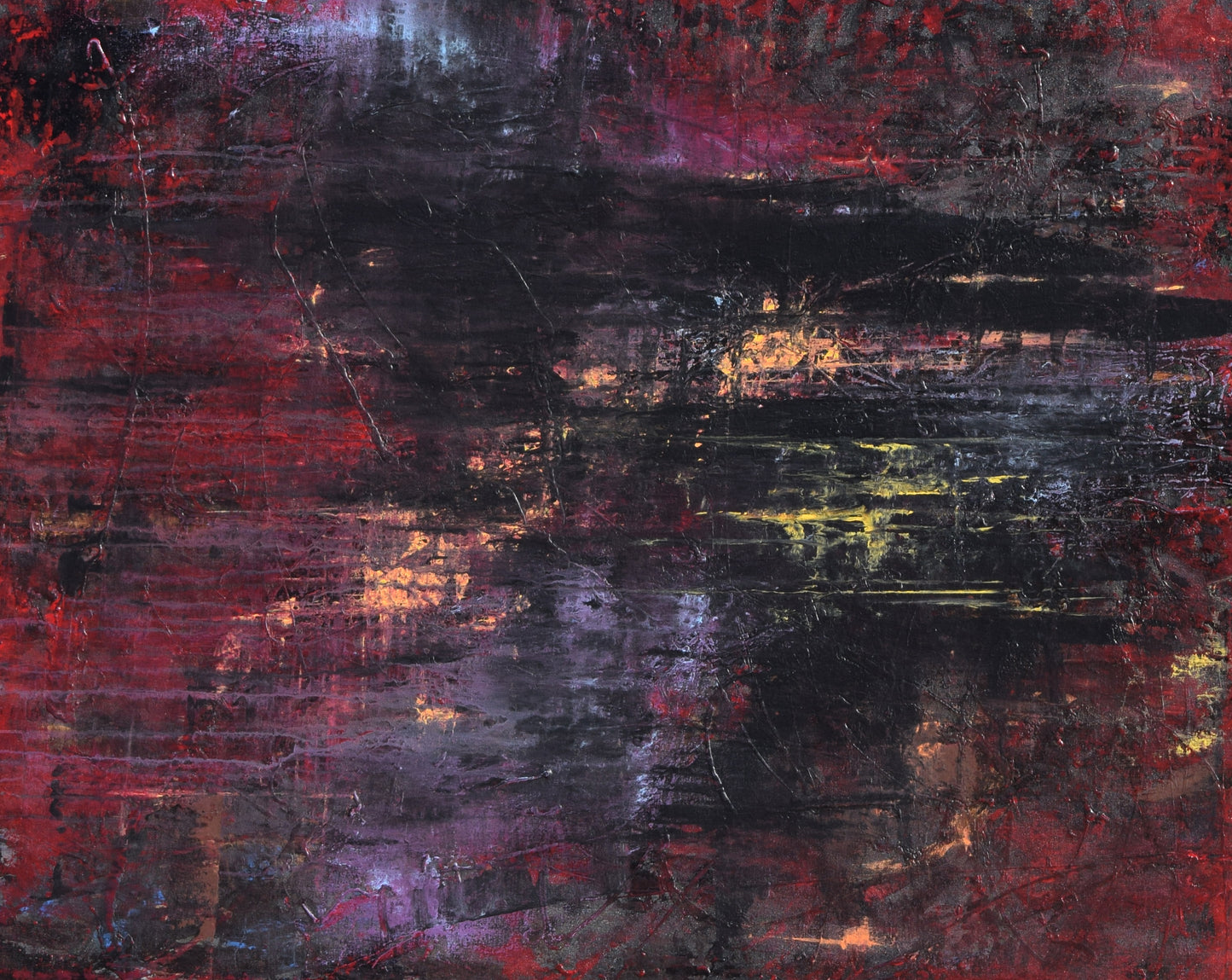 Original acrylic painting by Alexander Franco. Abstract acrylic painting on canvas with a mix of dark and bright colors, primarily in black, red, and purple tones.