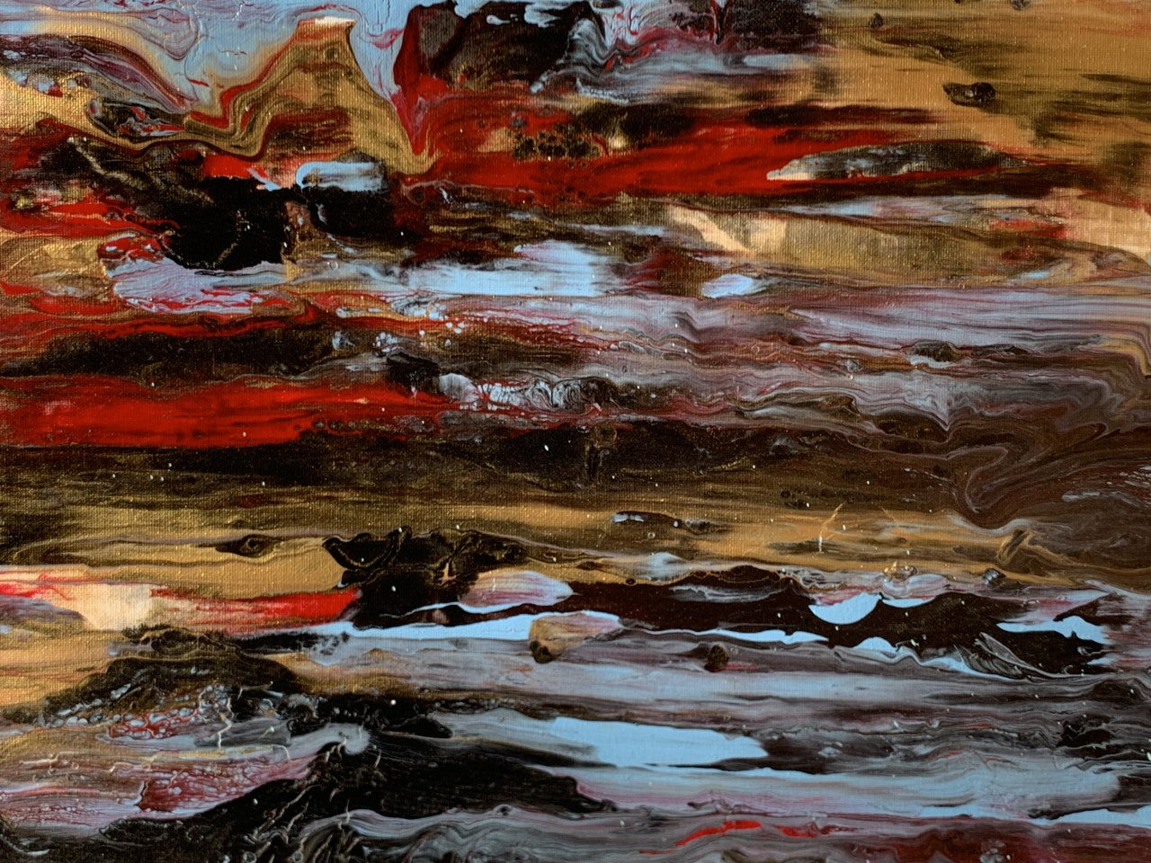 Original acrylic painting by Alexander Franco. Close-up of an abstract acrylic painting on canvas, featuring a blend of dark and light colors with no discernible figures or shapes.
