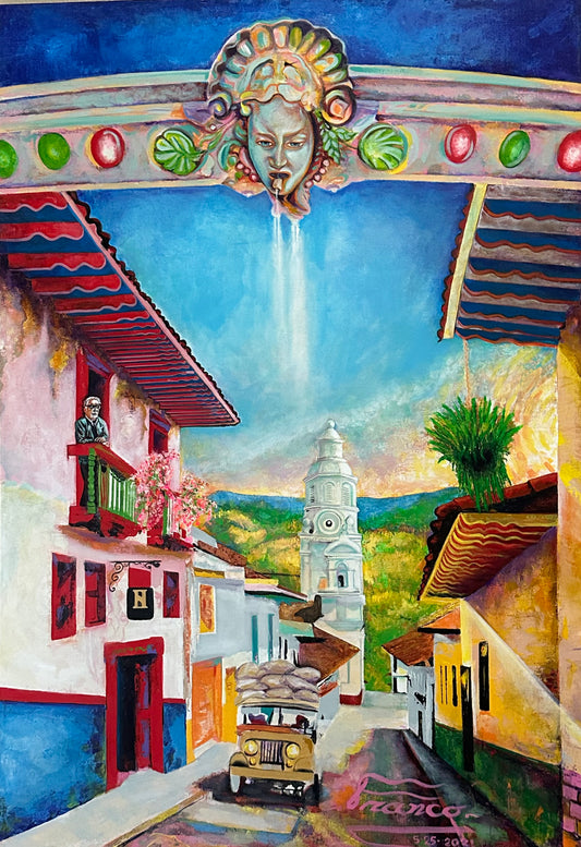 Original acrylic painting by Alexander Franco. A vibrant acrylic painting on canvas featuring a historical building with a decorative facade, a figure with a headdress, and a brightly colored backdrop. Salamina, Caldas, Colombia.