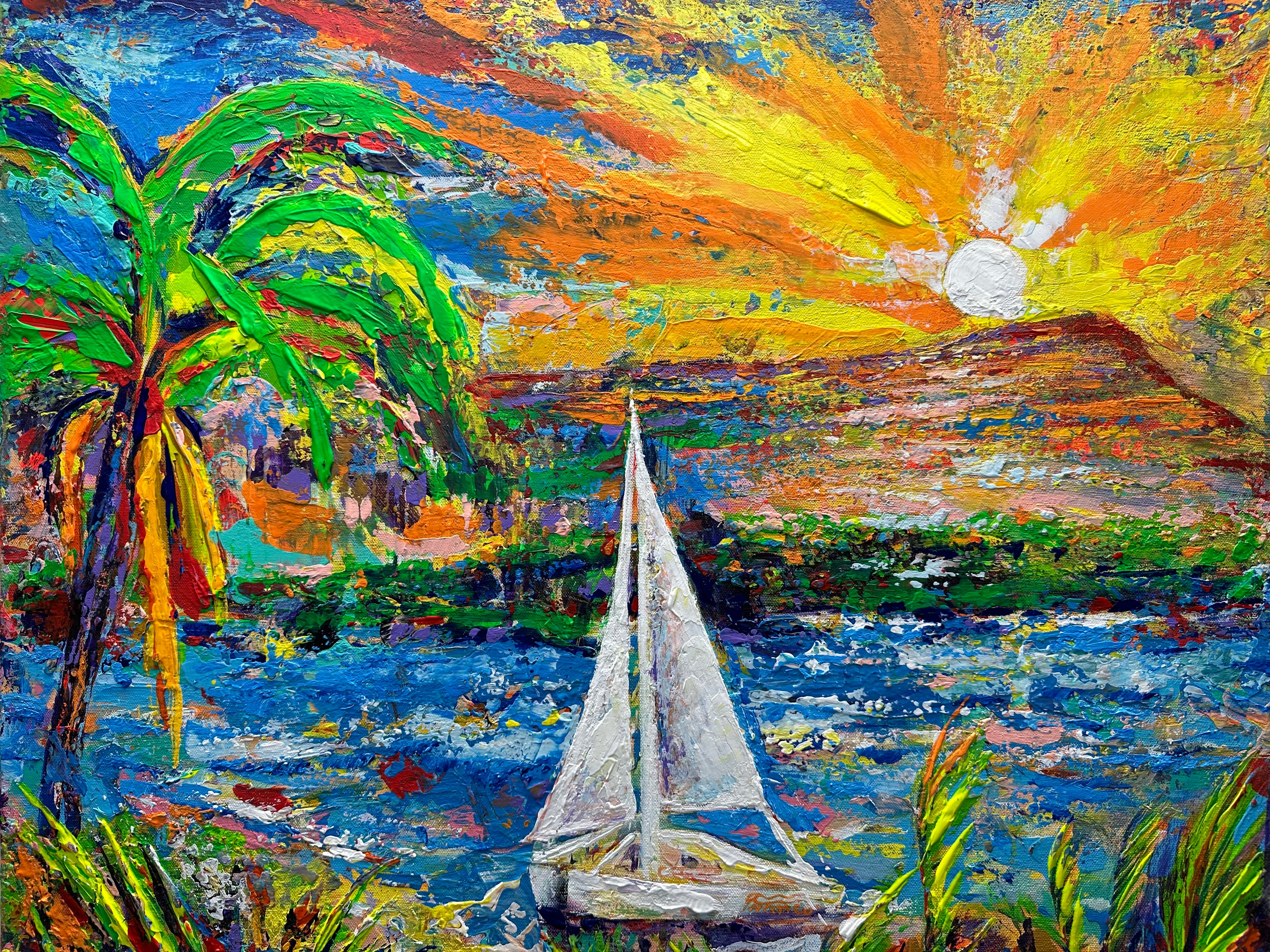 Original acrylic painting by Alexander Franco. A vibrant acrylic painting on canvas depicting a colorful tropical scene with a sailboat, palm trees, and a sunset. Hawaii.
