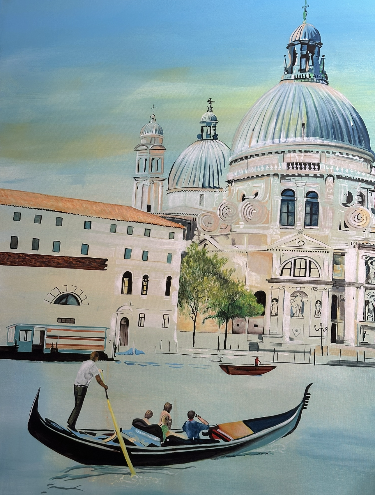 Original acrylic painting by Alexander Franco. A vibrant acrylic painting of a Venetian scene with a gondola, a church, and a waterway.