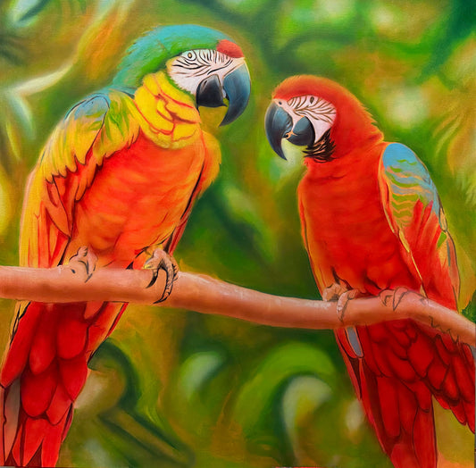 Original acrylic painting by Alexander Franco. Macaws