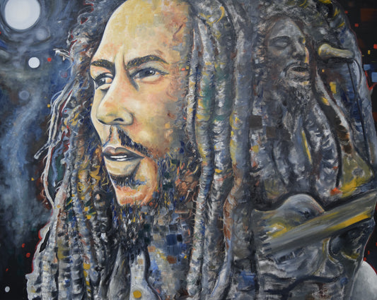 Original acrylic painting by Alexander Franco. An oil on canvas painting featuring a colorful portrait of Bob Marley, with abstract and geometric elements in the background.
