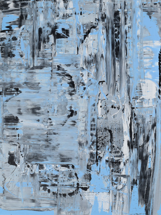 Original acrylic painting by Alexander Franco. Abstract acrylic painting featuring blue and gray tones with textural elements on canvas.