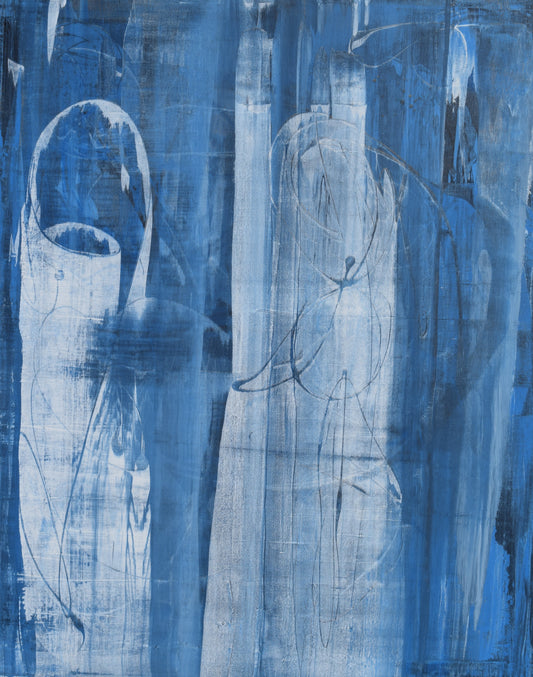 Original acrylic painting by Alexander Franco. Abstract blue acrylic painting on canvas with various shades and brush strokes.