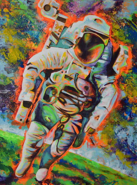Original acrylic painting by Alexander Franco. A vibrant acrylic painting on canvas depicting an abstract stylized astronaut in space with a colorful and dynamic background.