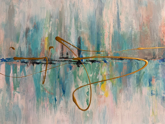 Original acrylic painting by Alexander Franco. Abstract acrylic painting on canvas with predominantly blue and white colors, featuring geometric-like forms.