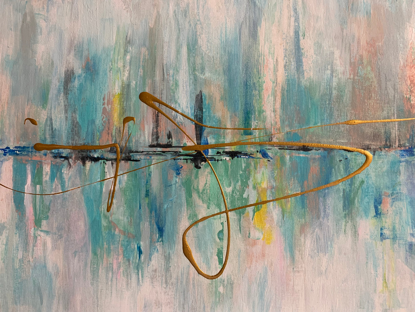 Original acrylic painting by Alexander Franco. Abstract acrylic painting on canvas with predominantly blue and white colors, featuring geometric-like forms.