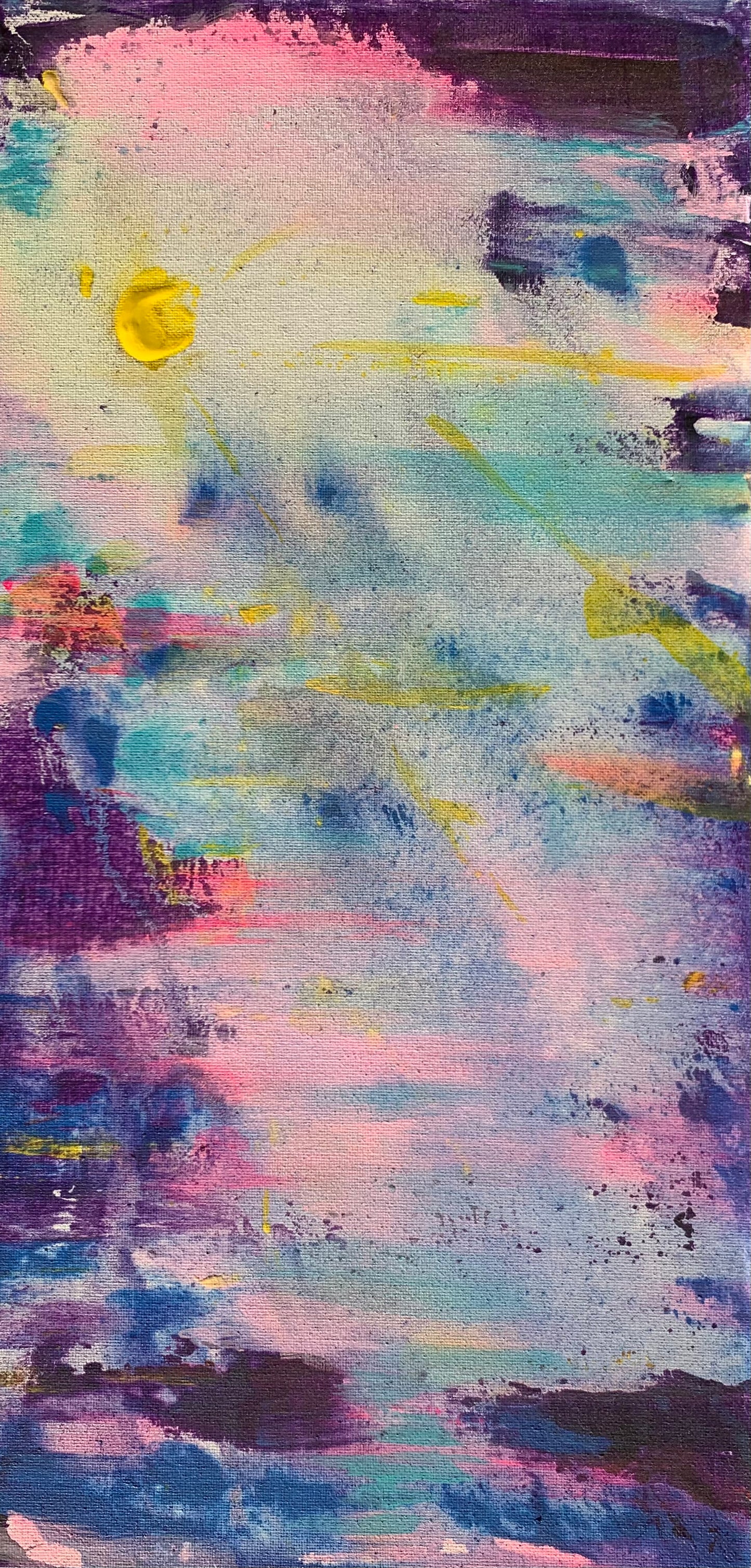 Original acrylic painting by Alexander Franco. Abstract acrylic painting on canvas with vibrant colors and dynamic textures, primarily in blue, pink, and yellow tones.