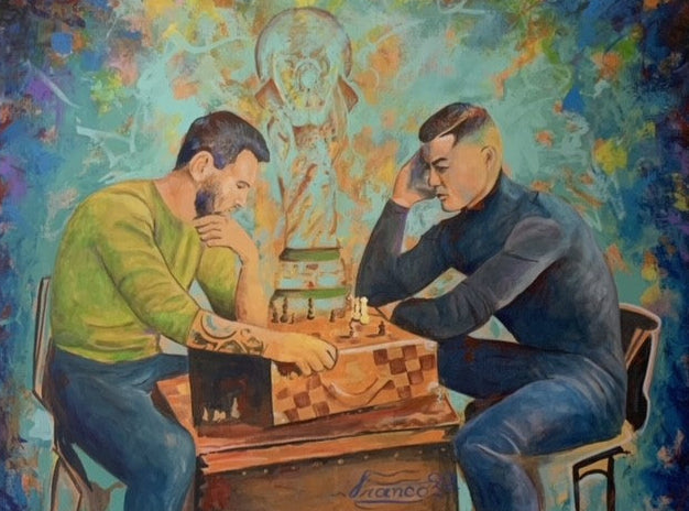 A canvas painting featuring two individuals seated across a table playing a game of chess, with a colorful abstract background.  Messi and Cristiano Ronaldo.