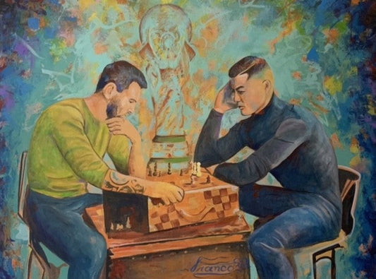 A canvas painting featuring two individuals seated across a table playing a game of chess, with a colorful abstract background.  Messi and Cristiano Ronaldo.